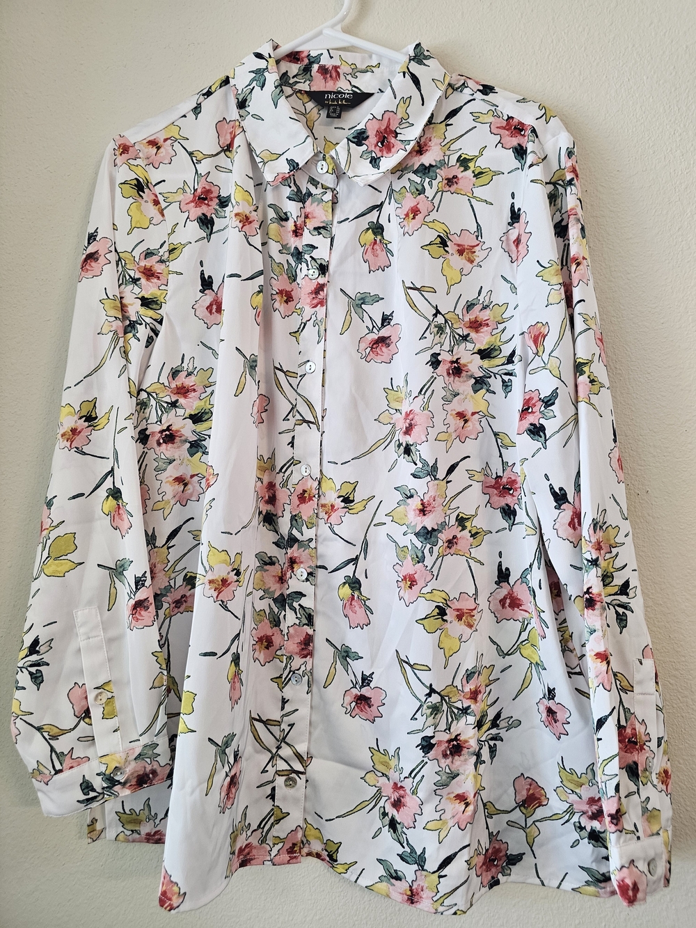 Nicole Miller White Floral Button-Down Shirt with Pink & Yellow Blossoms